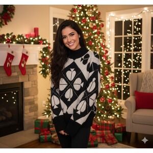 Kate Spade Spade Playful‎ Mock Neck Geo Sweater Black White Sparkle Knit XS Nwot